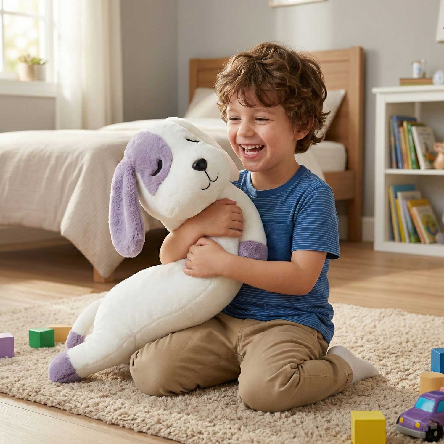 Cute Purple & White Dog Stuffed Pillow, 0.62kg Small Plush Toy for KidsLength 26.77 inches, Width 7.48 inches