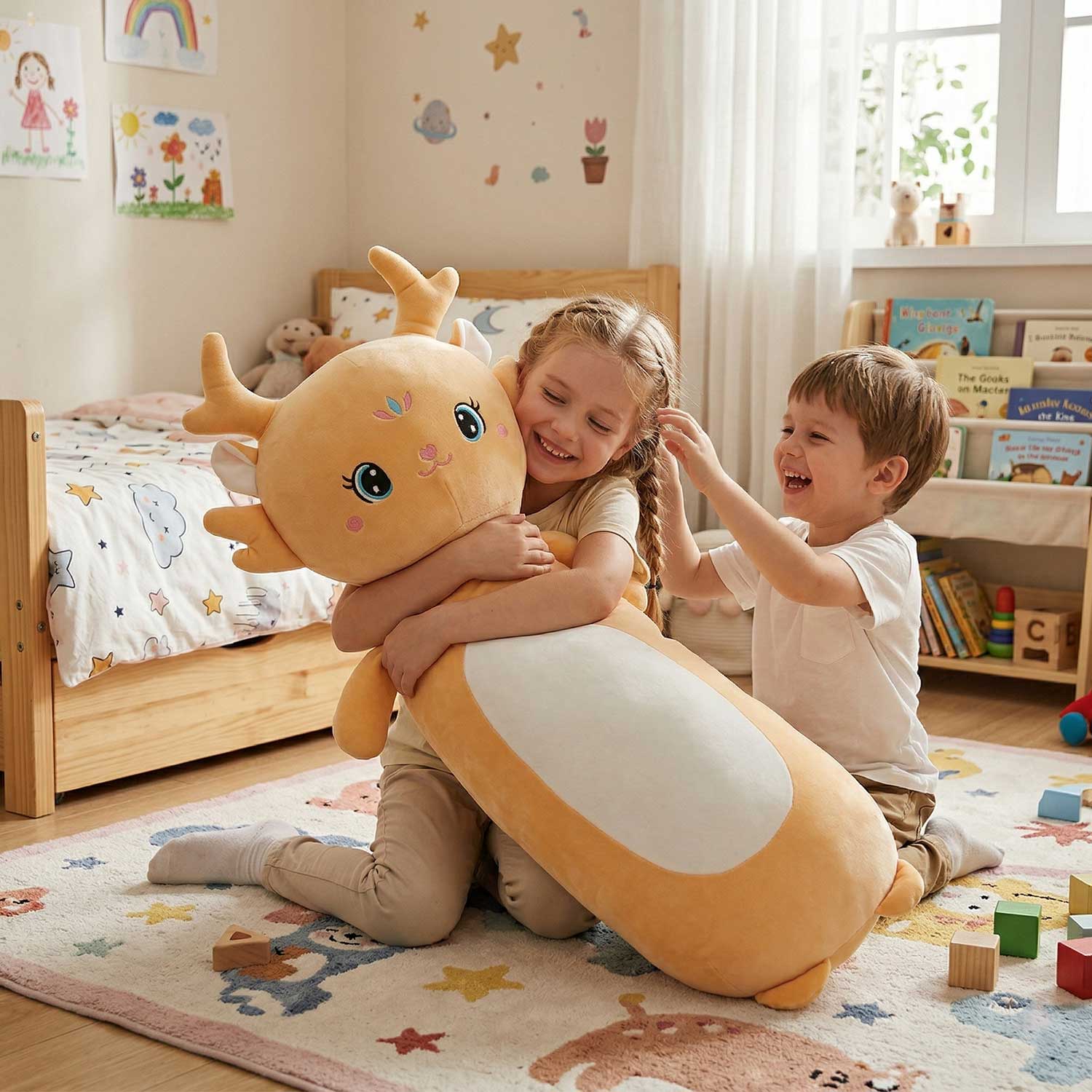 Adorable Golden Fawn Plush, Large Stuffed Animal Pillow for Home Decor & Kids RoomLength 26.77 inches, Width 15.75 inches