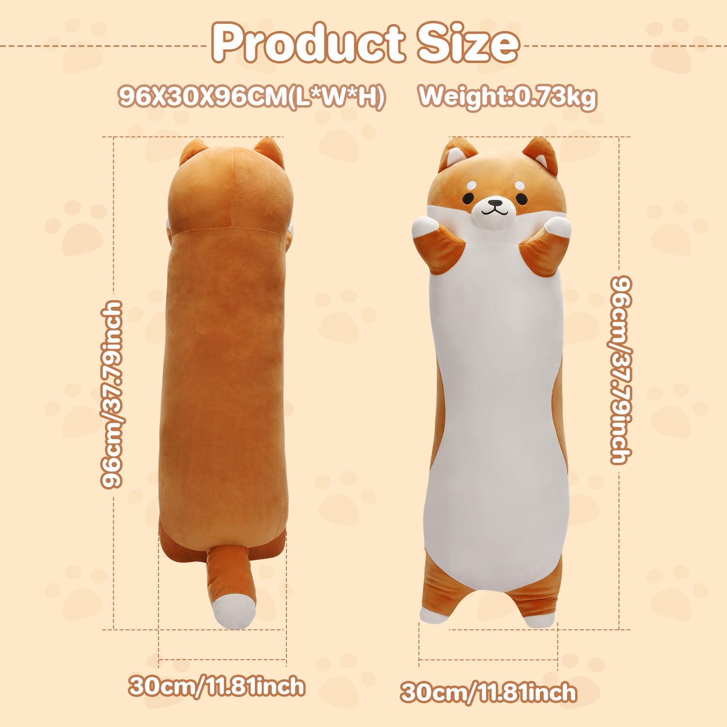 Length 37.80 inches, Width 11.81 inchesLong Shiba Inu Plush Body Pillow, Ultra-Soft Cuddly Stuffed Animal Hugging Pillow for Sleeping, Home Decor & Gift