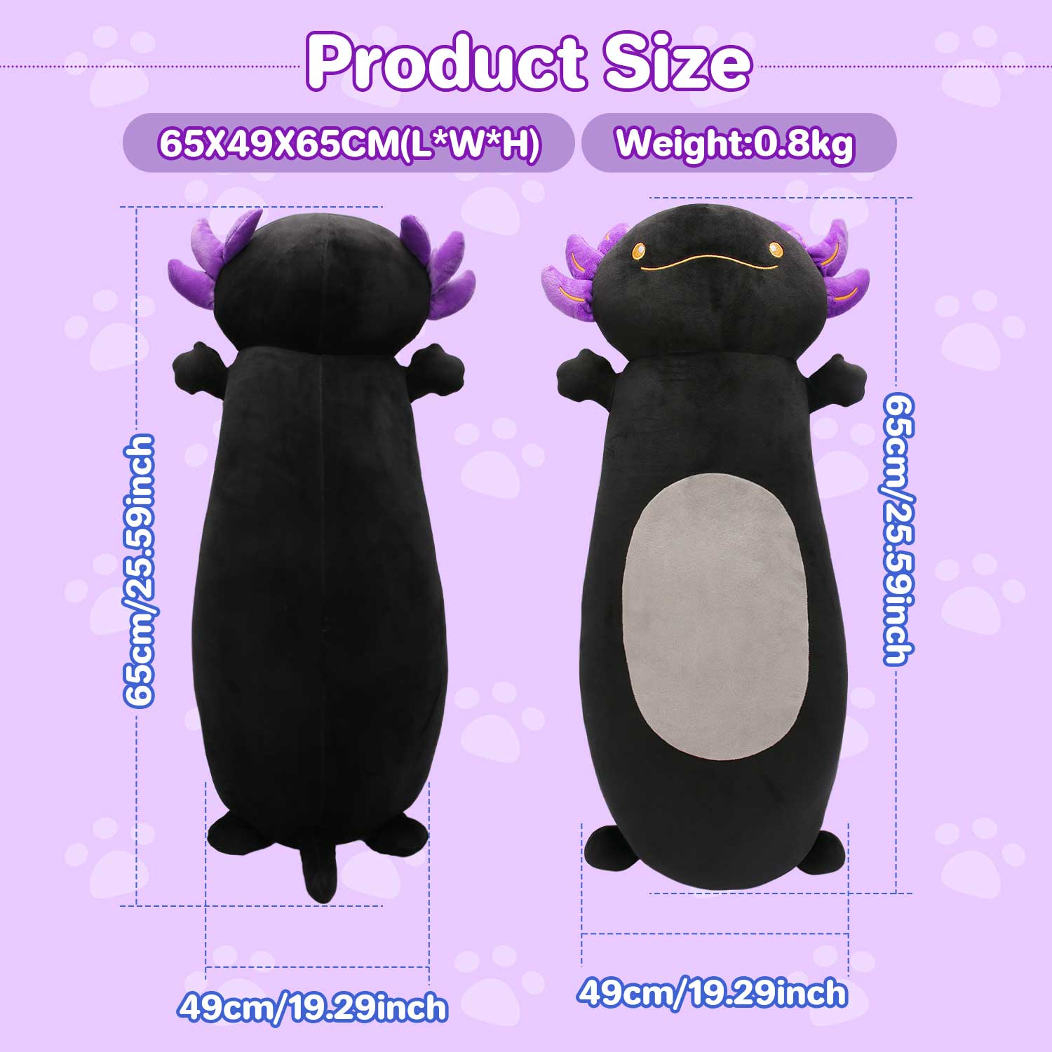Cute Black Axolotl Long Plush, Premium Stuffed Pillow for Home Decor & Room DecorationLength 35.04 inches, Width 18.50 inches
