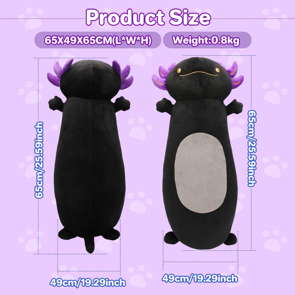 Cute Black Axolotl Long Plush, Premium Stuffed Pillow for Home Decor & Room DecorationLength 35.04 inches, Width 18.50 inches