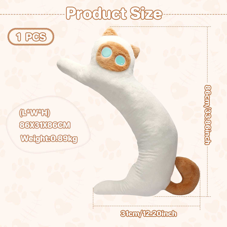 Giant Curved Siamese Cat Stuffed Toy, 0.89kg Fluffy Hugging Pillow for Sleeping & GiftLength 33.86 inches, Width 12.20 inches