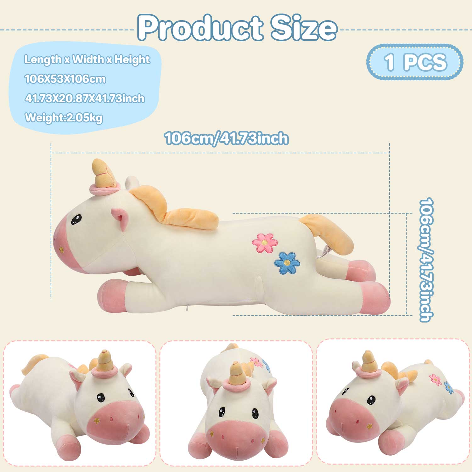 Large Cute Unicorn Body Pillow, 2.05kg Fluffy Stuffed Toy for Sleeping, Home Decor & GiftLength 41.73 inches, Width 20.87 inches