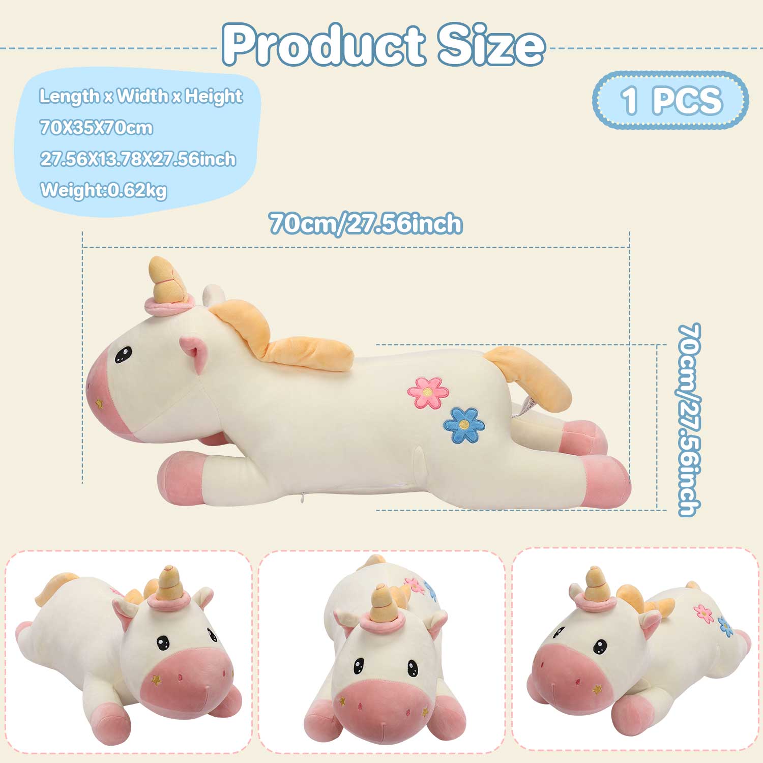 Small Size Unicorn Body Pillow, 0.62kg Fluffy Stuffed Toy for Sleeping & GiftLength 27.56 inches, Width 13.78 inches
