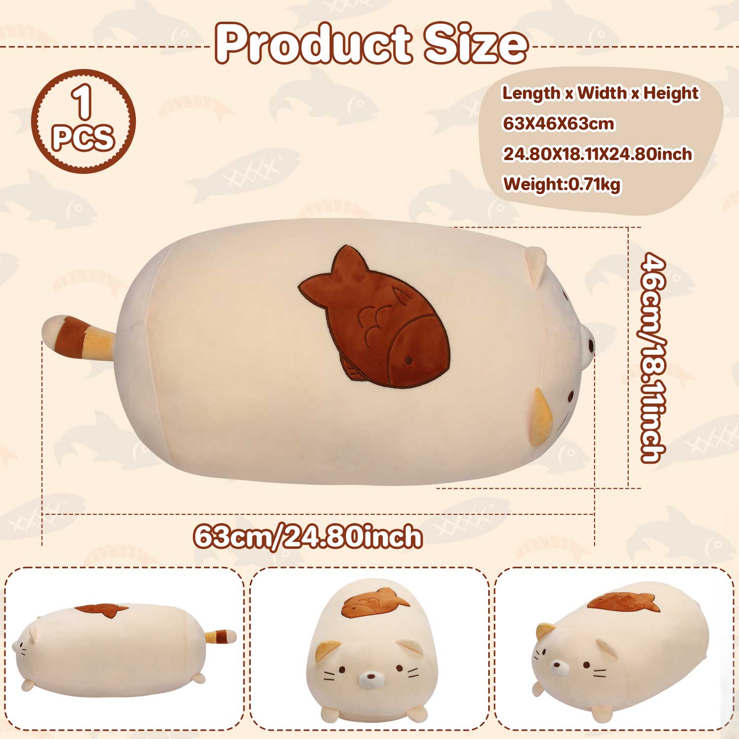 63cm Cute Chubby Cat Plush Pillow with Fish, Ultra-Soft Stuffed Animal Hugging Pillow for Kids & AdultsLength 24.80 inches, Width 18.11 inches
