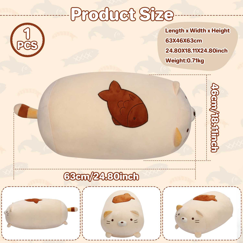 63cm Cute Chubby Cat Plush Pillow with Fish, Ultra-Soft Stuffed Animal Hugging Pillow for Kids & AdultsLength 24.80 inches, Width 18.11 inches