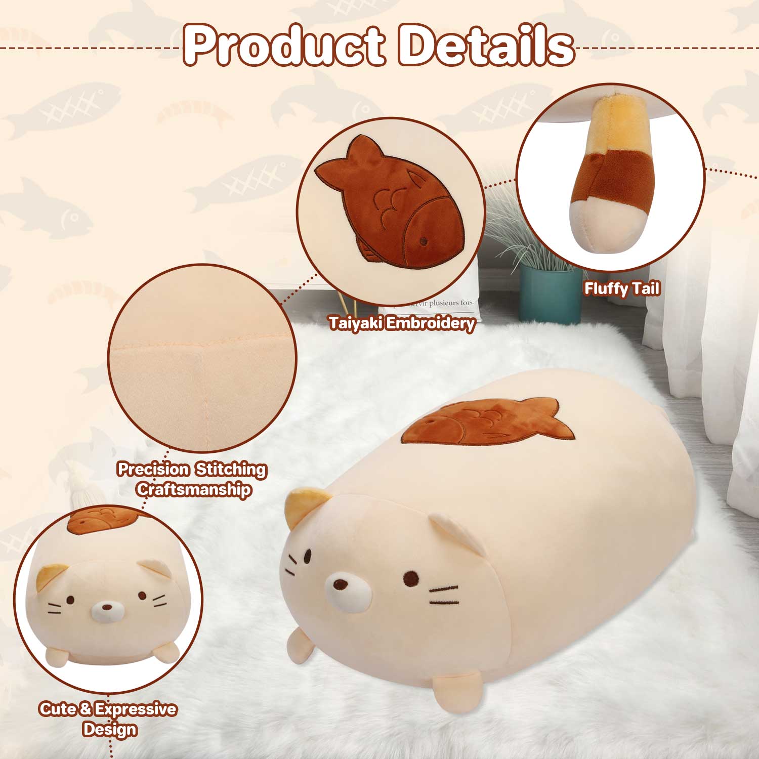 63cm Cute Chubby Cat Plush Pillow with Fish, Ultra-Soft Stuffed Animal Hugging Pillow for Kids & AdultsLength 24.80 inches, Width 18.11 inches