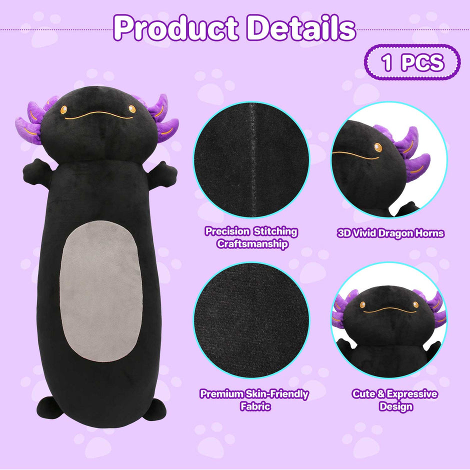 Cute Black Axolotl Long Plush, Premium Stuffed Pillow for Home Decor & Room DecorationLength 35.04 inches, Width 18.50 inches