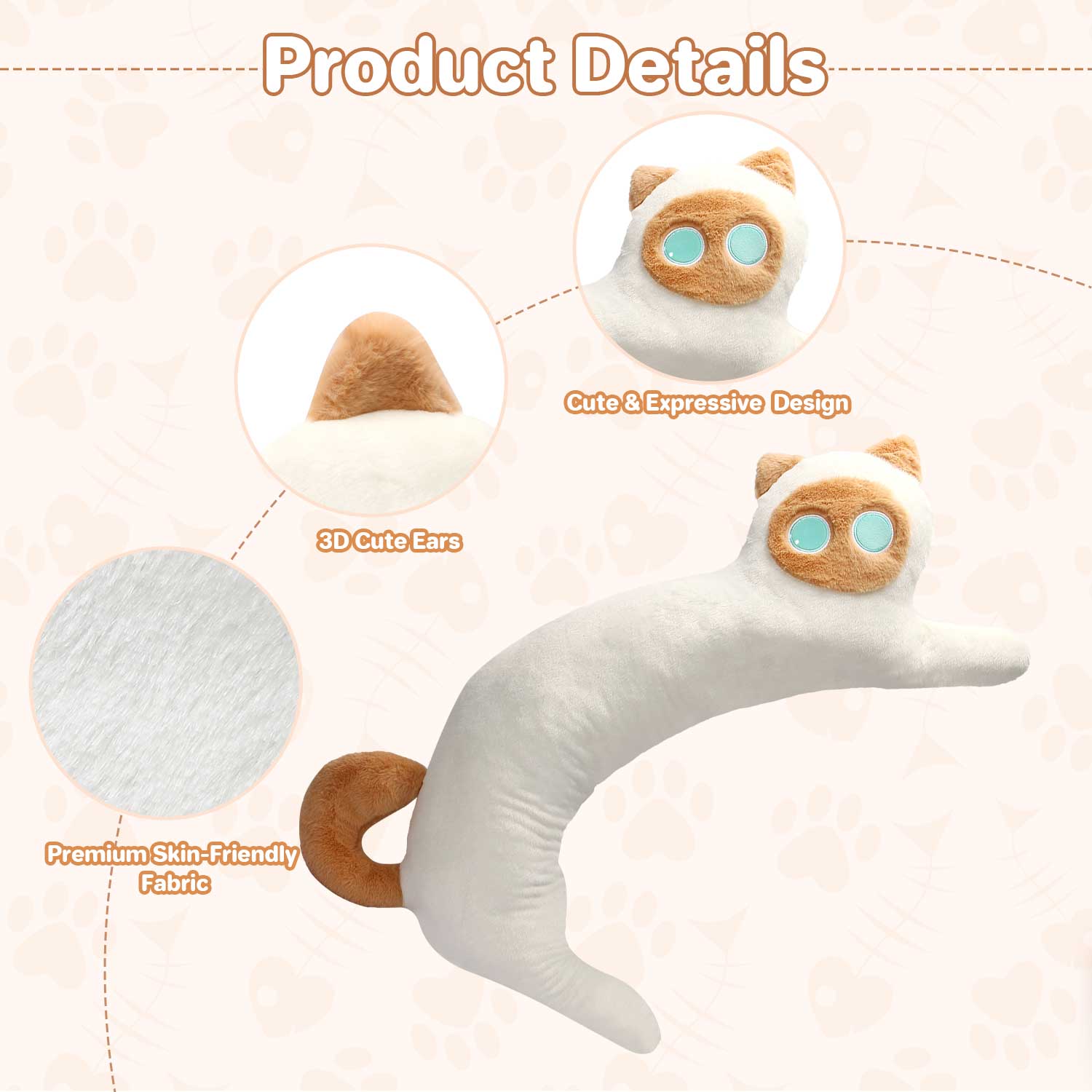 Giant Curved Siamese Cat Stuffed Toy, 0.89kg Fluffy Hugging Pillow for Sleeping & GiftLength 33.86 inches, Width 12.20 inches