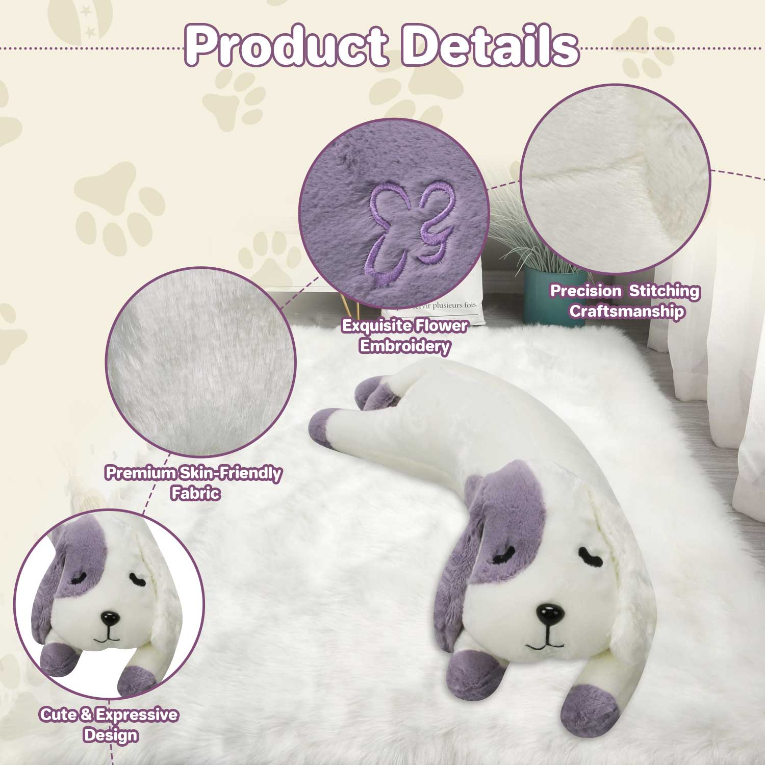 Cute Purple & White Dog Stuffed Pillow, 0.62kg Small Plush Toy for KidsLength 26.77 inches, Width 7.48 inches