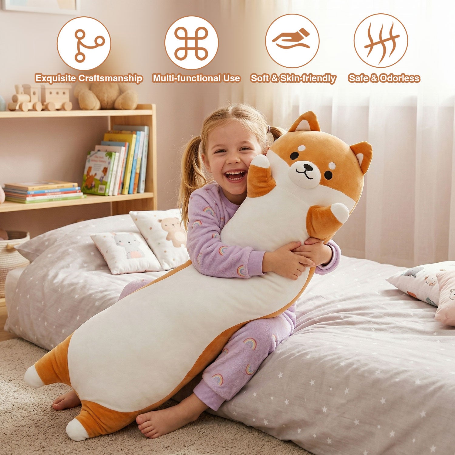 Length 37.80 inches, Width 11.81 inchesLong Shiba Inu Plush Body Pillow, Ultra-Soft Cuddly Stuffed Animal Hugging Pillow for Sleeping, Home Decor & Gift