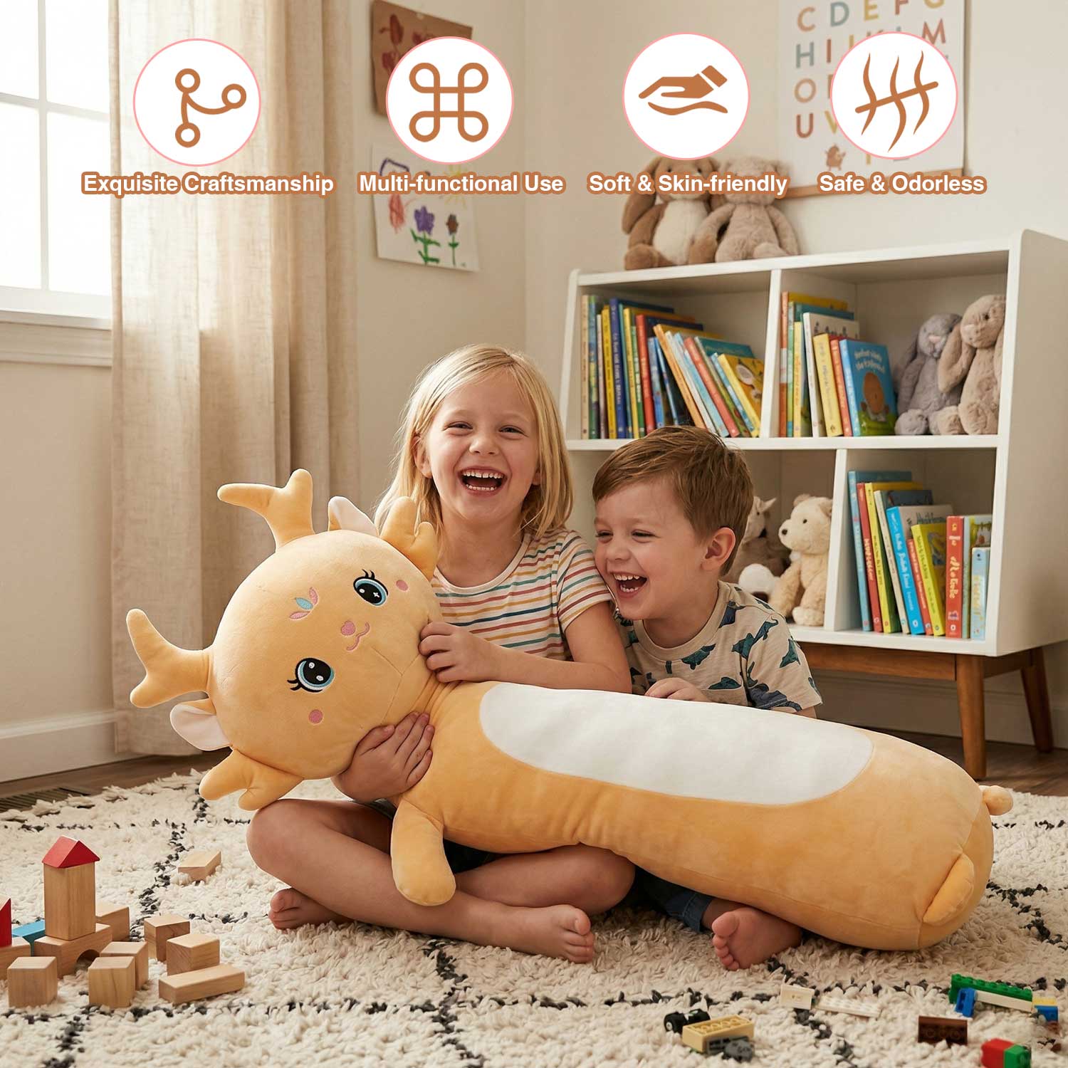 Adorable Golden Fawn Plush, Large Stuffed Animal Pillow for Home Decor & Kids RoomLength 26.77 inches, Width 15.75 inches