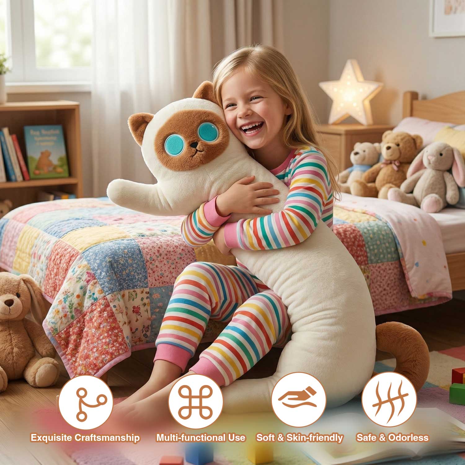 Giant Curved Siamese Cat Stuffed Toy, 0.89kg Fluffy Hugging Pillow for Sleeping & GiftLength 33.86 inches, Width 12.20 inches