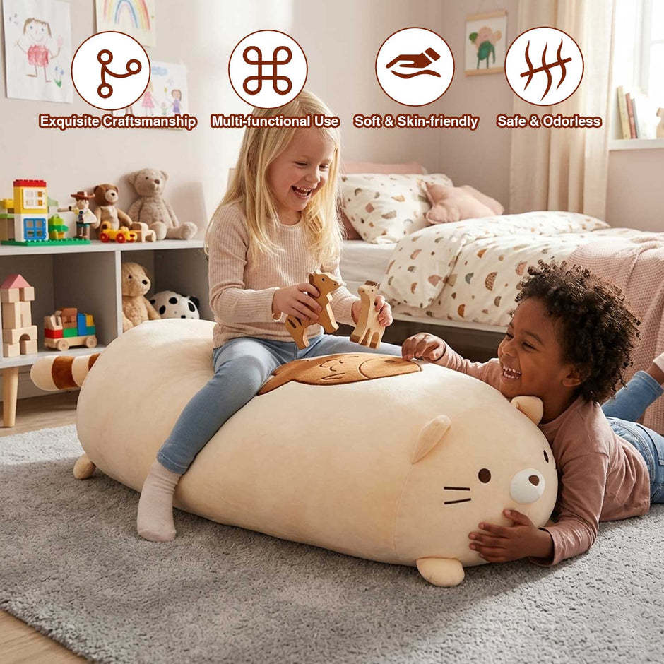 63cm Cute Chubby Cat Plush Pillow with Fish, Ultra-Soft Stuffed Animal Hugging Pillow for Kids & AdultsLength 24.80 inches, Width 18.11 inches