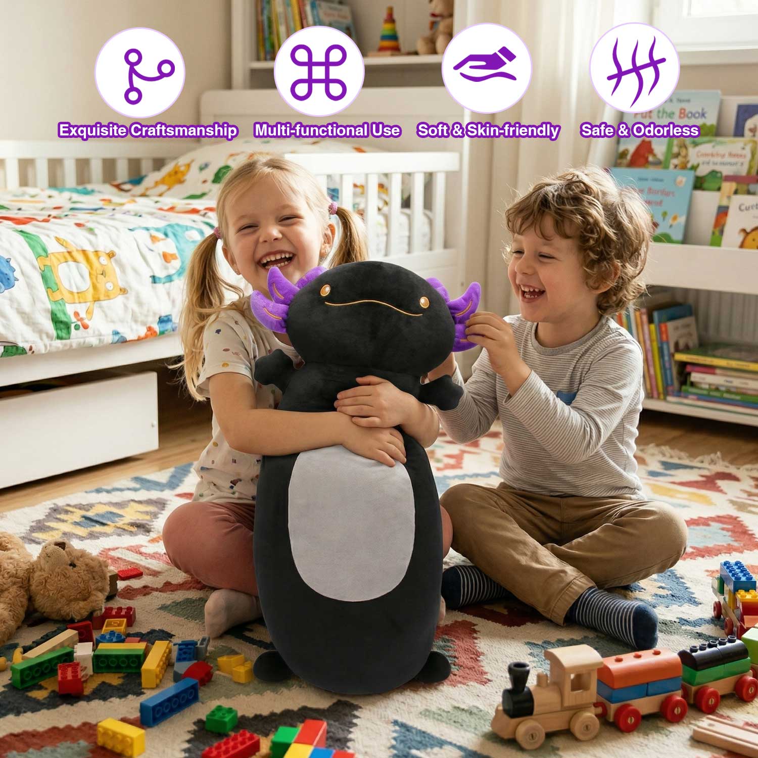 Cute Black Axolotl Long Plush, Premium Stuffed Pillow for Home Decor & Room DecorationLength 35.04 inches, Width 18.50 inches