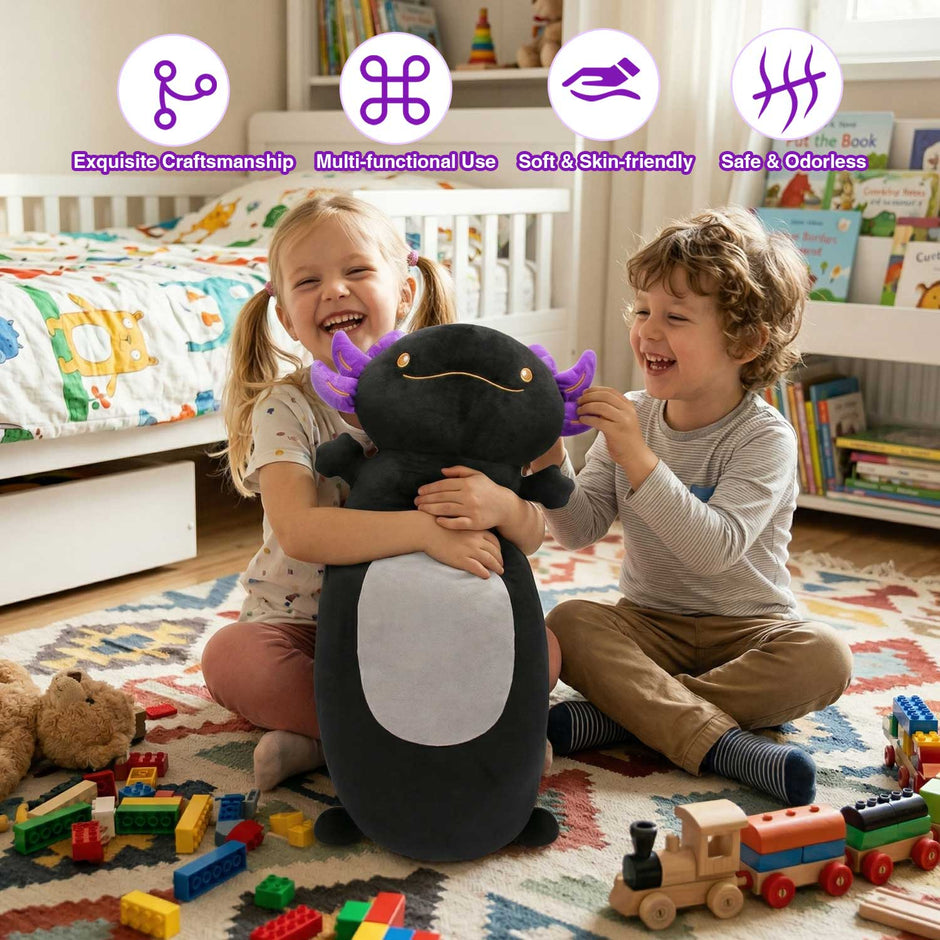 Cute Black Axolotl Long Plush, Premium Stuffed Pillow for Home Decor & Room DecorationLength 35.04 inches, Width 18.50 inches