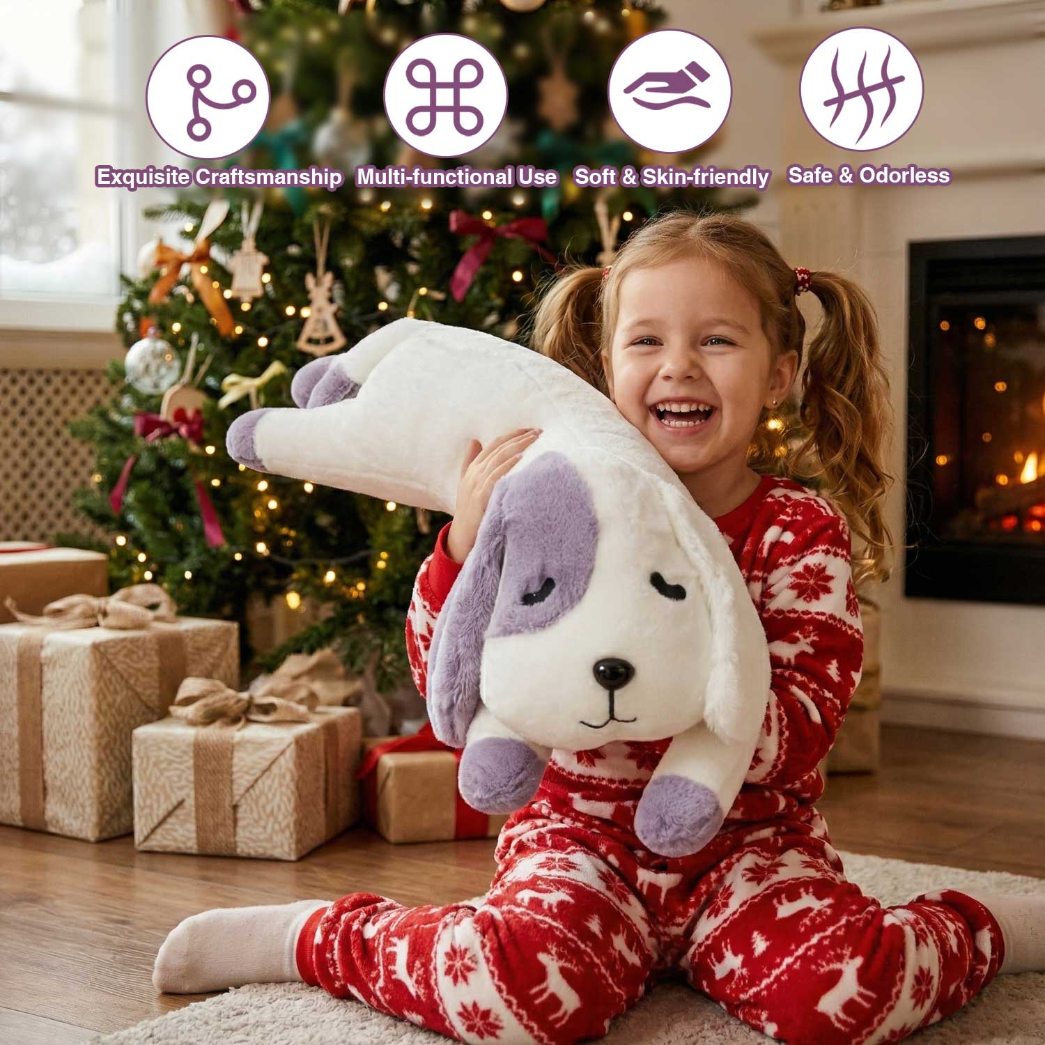 Cute Purple & White Dog Stuffed Pillow, 0.62kg Small Plush Toy for KidsLength 26.77 inches, Width 7.48 inches