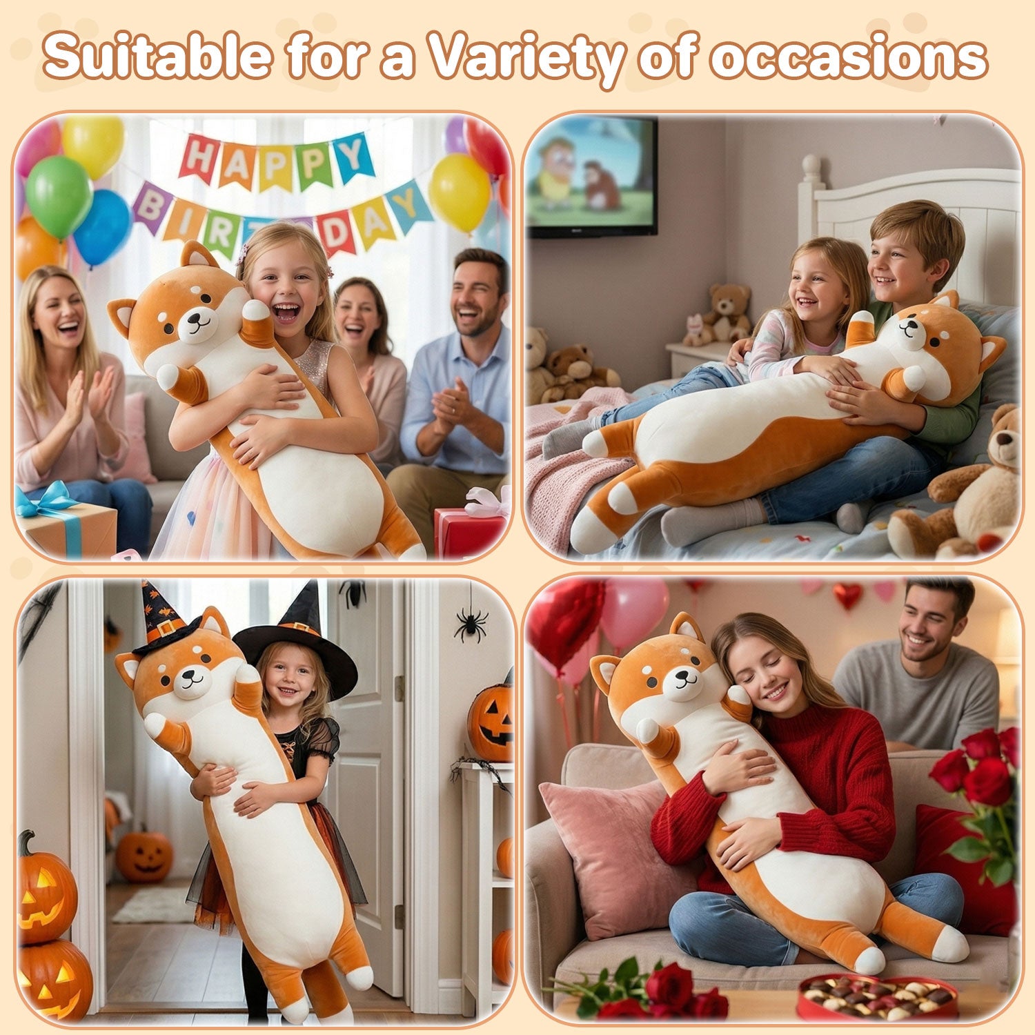 Length 37.80 inches, Width 11.81 inchesLong Shiba Inu Plush Body Pillow, Ultra-Soft Cuddly Stuffed Animal Hugging Pillow for Sleeping, Home Decor & Gift