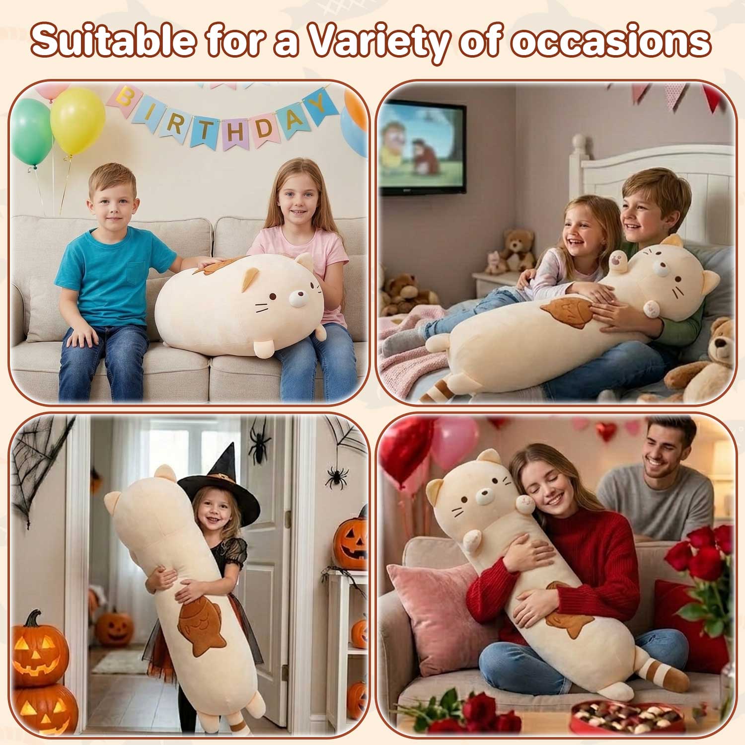 63cm Cute Chubby Cat Plush Pillow with Fish, Ultra-Soft Stuffed Animal Hugging Pillow for Kids & AdultsLength 24.80 inches, Width 18.11 inches