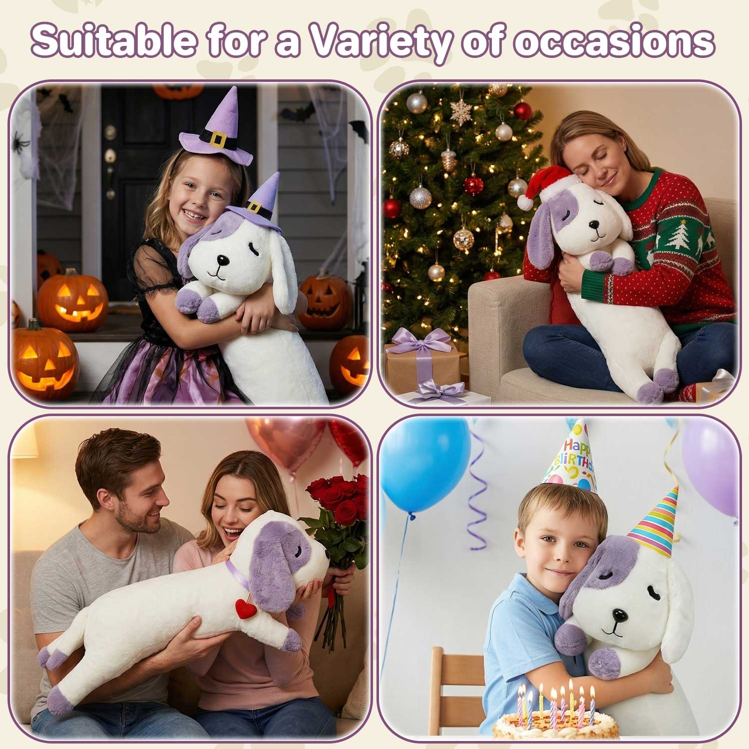 Cute Purple & White Dog Stuffed Pillow, 0.62kg Small Plush Toy for KidsLength 26.77 inches, Width 7.48 inches