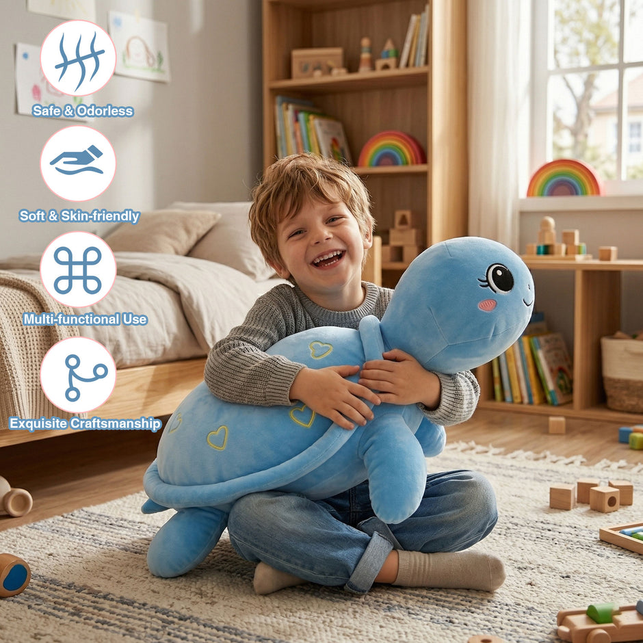 Adorable Blue Turtle Plush Toy - Perfect Pillow & Decor for Kids & AdultsLength 33.86 inches, Width 19.29 inches