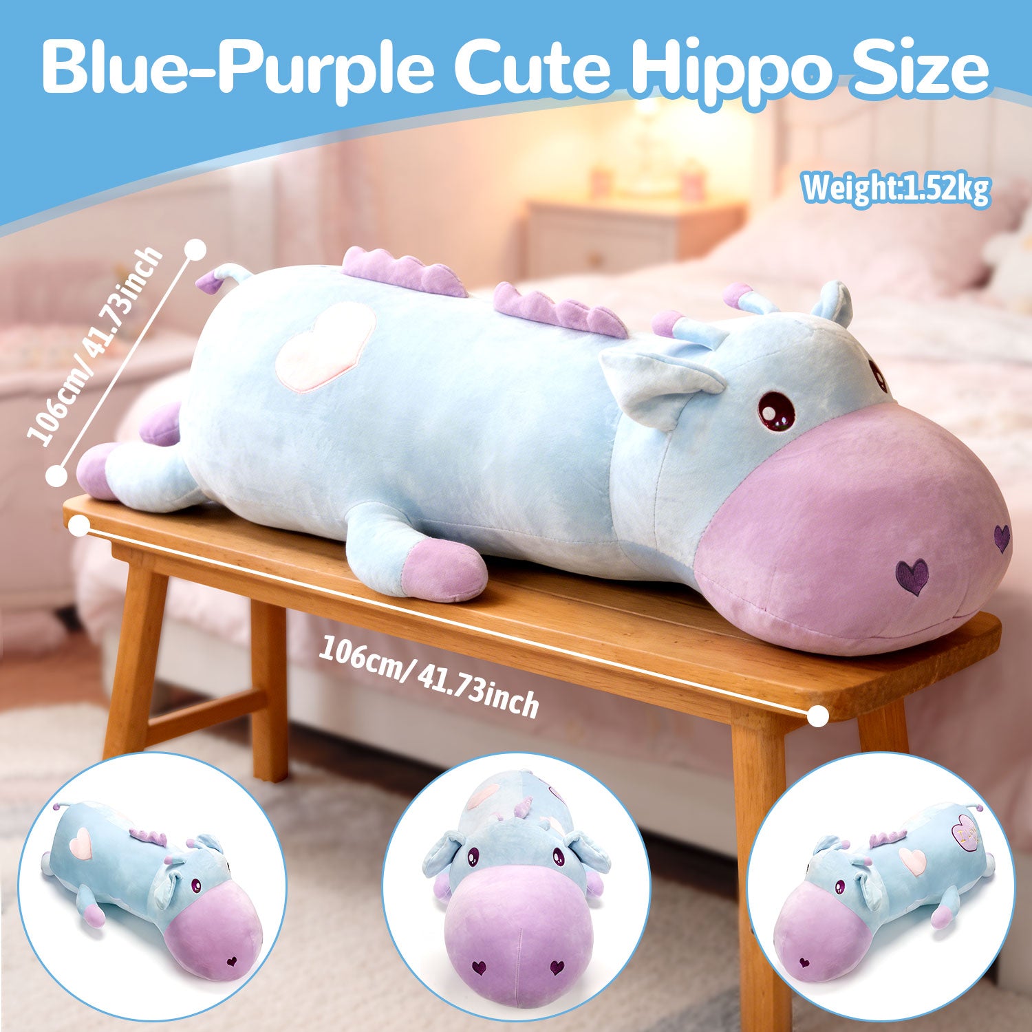 106cm Oversized Blue Cow Plush Toy, Super Soft Stuffed Animal Long Pillow, Cute Cuddle Cushion for Sleep, Birthday Gift for GirlsLength 41.73 inches, Width 22.05 inches