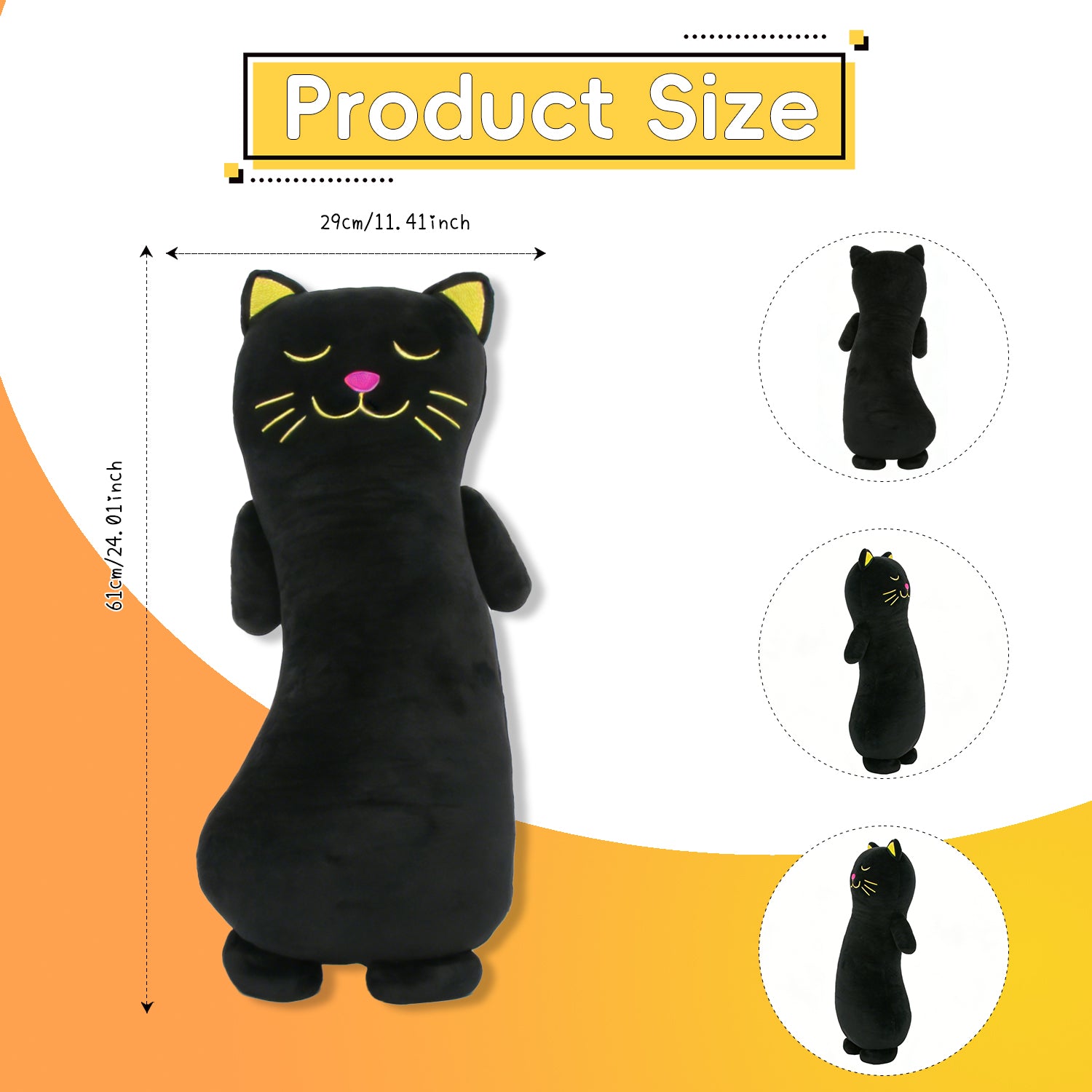 Giant Black Cat Plush Pillow, Soft Long Body Stuffed Animal Cute Kitten Hug Cushion for KidsLength 24.02 inches, Width 11.42 inches