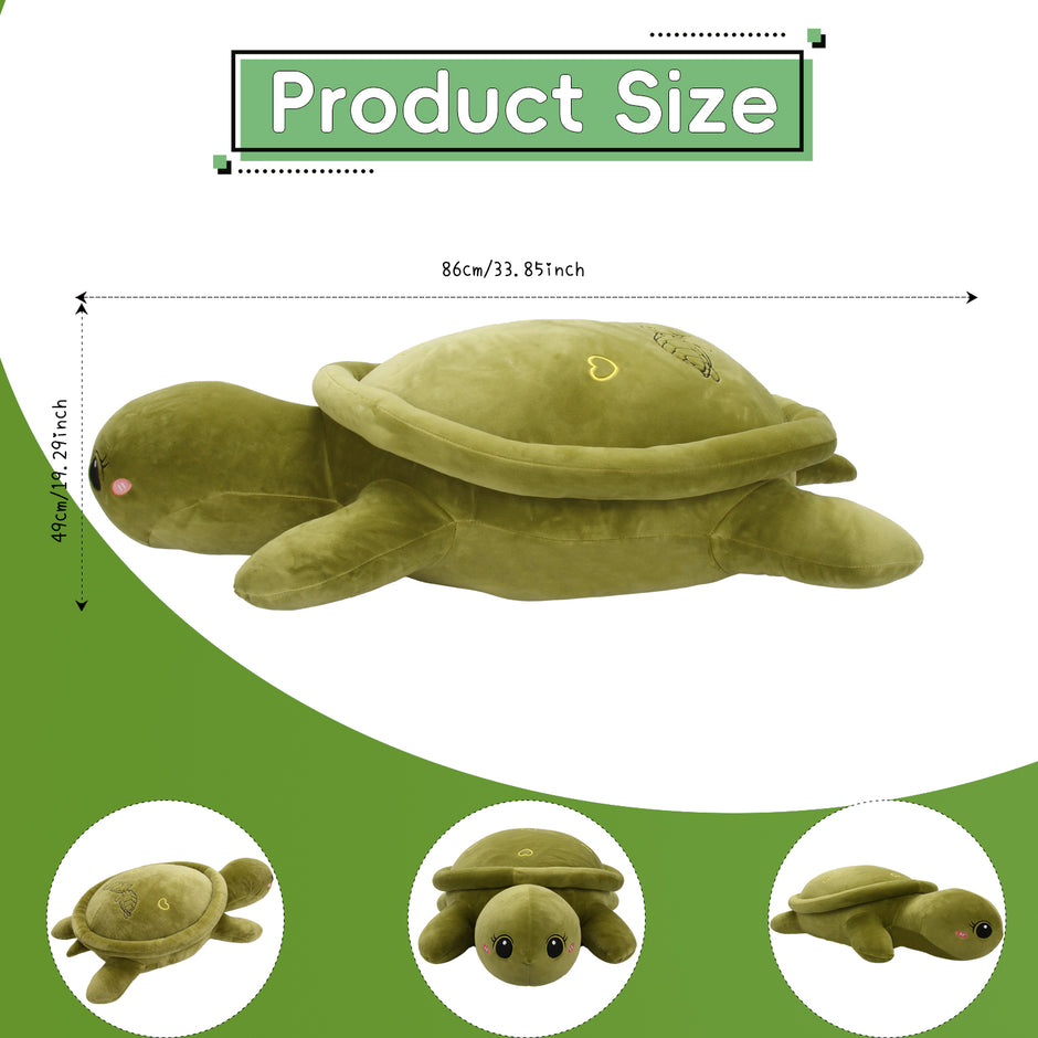Cute Sea Turtle Plush Hug Pillow, Soft Stuffed Tortoise Long Body Cushion, Perfect Snuggle Buddy for Kids, Girls & Home DecoLength 33.86 inches, Width 19.29 inches