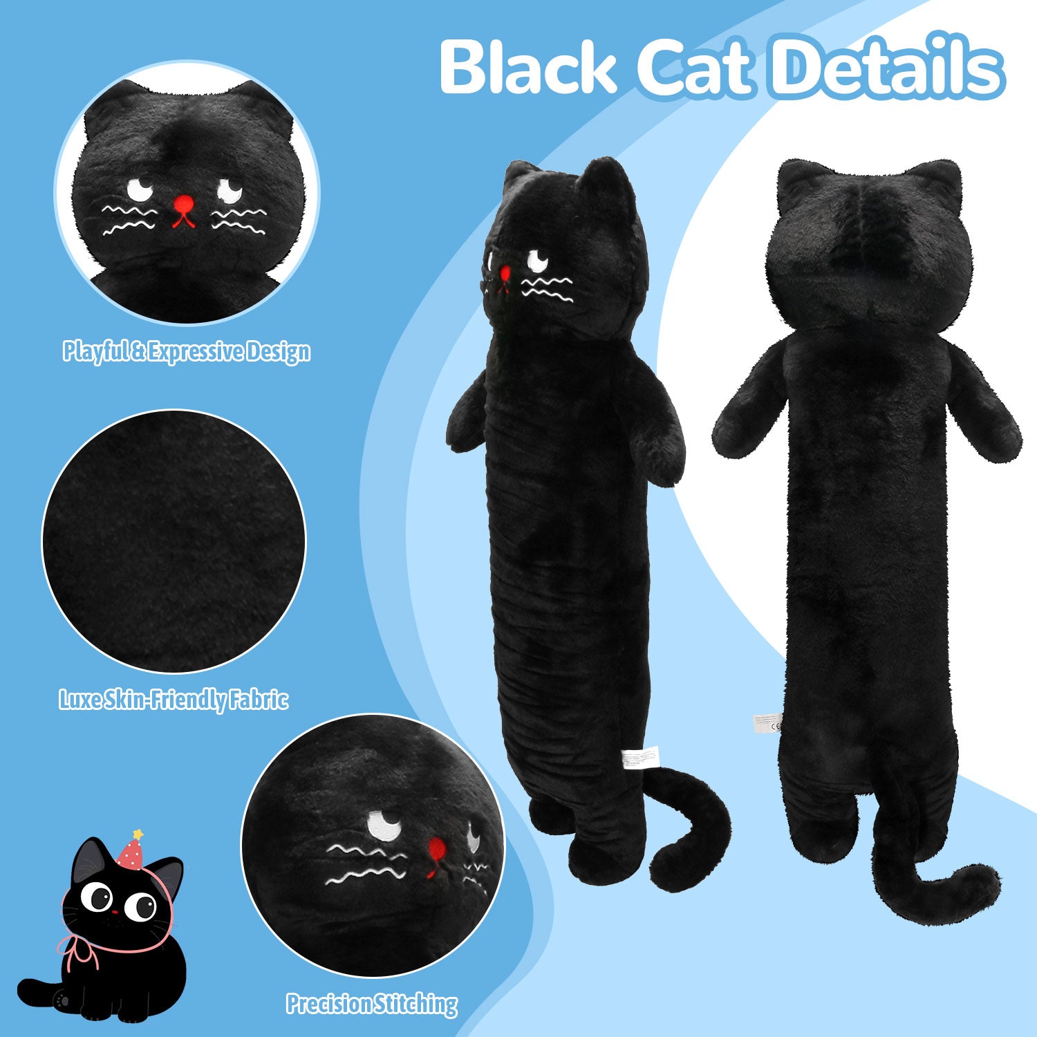 Giant Long Black Cat Plush Pillow, 40.55 Inch Soft Stuffed Kitten Hug Cushion, Cute Plush Toy for Kids & Cat LoversLength 40.55 inches, Width 17.72 inches