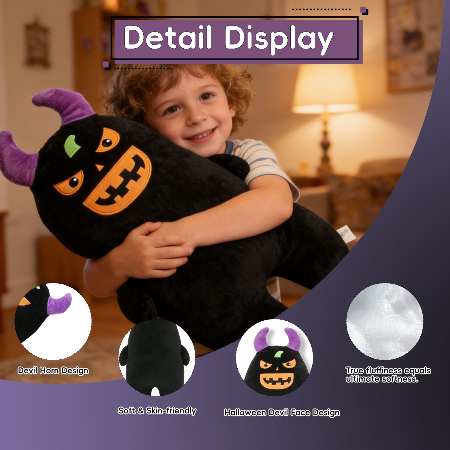 Halloween Pumpkin Monster Plush Pillow, 65cm Soft Stuffed Devil Toy, Cute Spooky Hug Cushion, Halloween Decor Gift for Kids, Birthday, PartyLength 25.59 inches, Width 19.29 inches