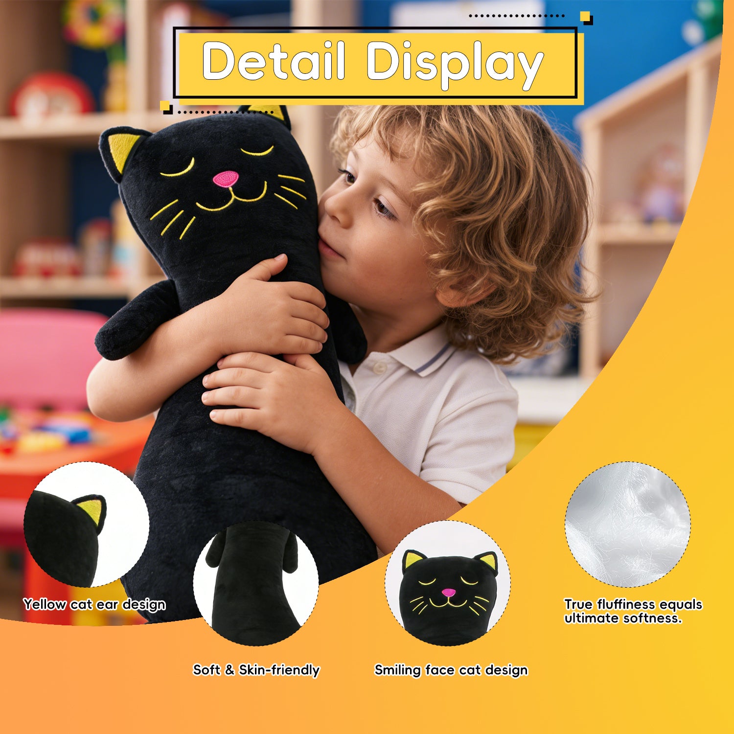 Giant Black Cat Plush Pillow, Soft Long Body Stuffed Animal Cute Kitten Hug Cushion for KidsLength 24.02 inches, Width 11.42 inches