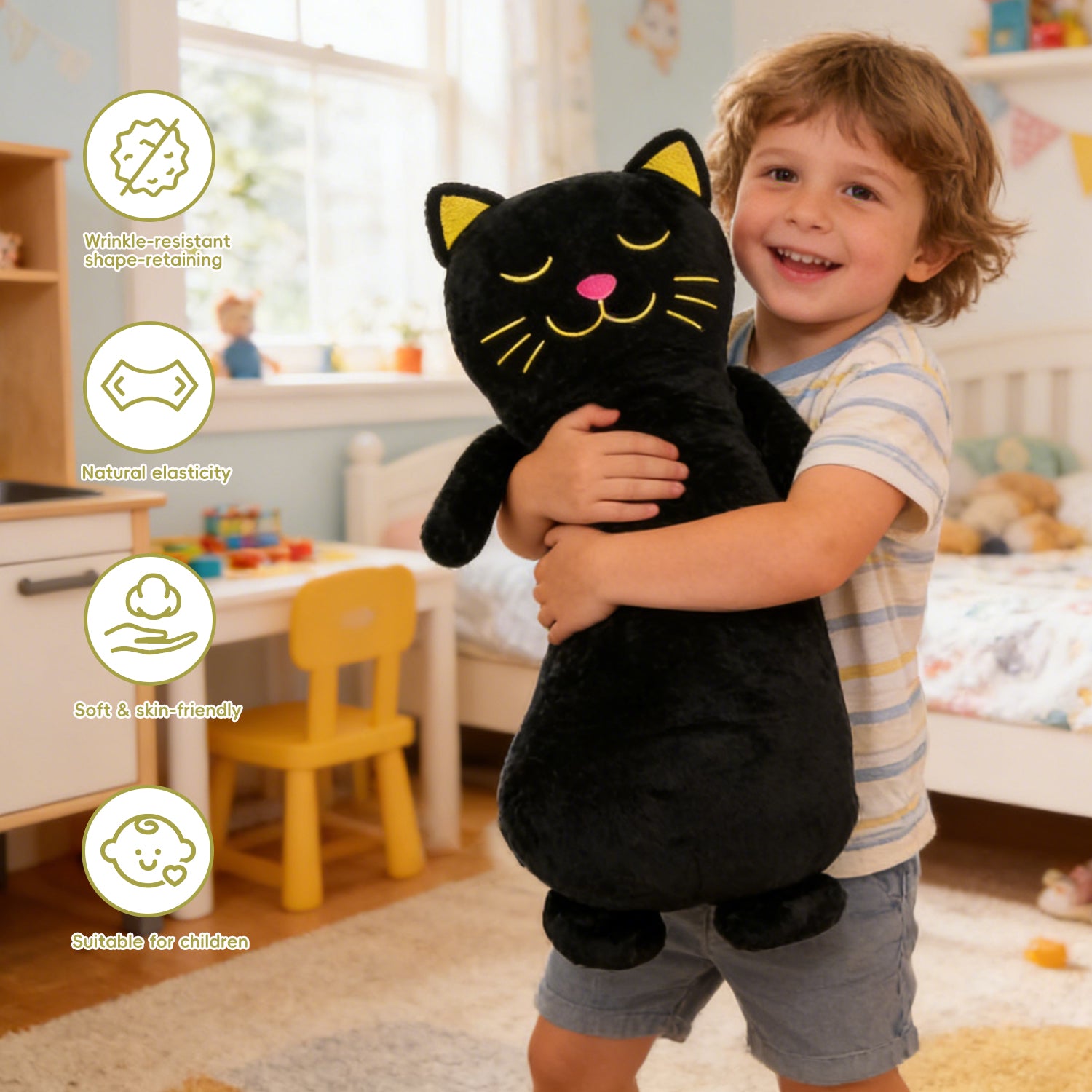 Giant Black Cat Plush Pillow, Soft Long Body Stuffed Animal Cute Kitten Hug Cushion for KidsLength 24.02 inches, Width 11.42 inches