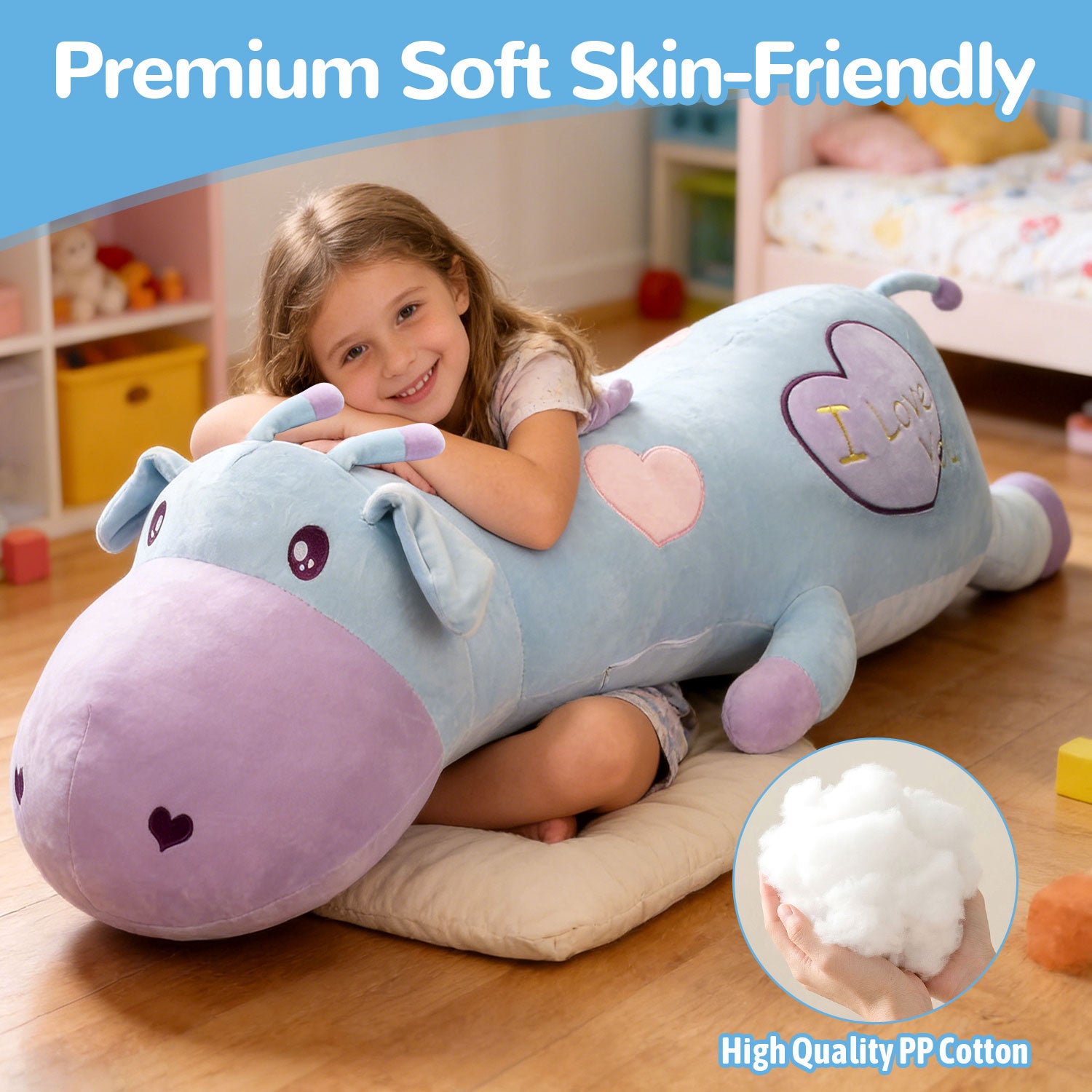 106cm Oversized Blue Cow Plush Toy, Super Soft Stuffed Animal Long Pillow, Cute Cuddle Cushion for Sleep, Birthday Gift for GirlsLength 41.73 inches, Width 22.05 inches