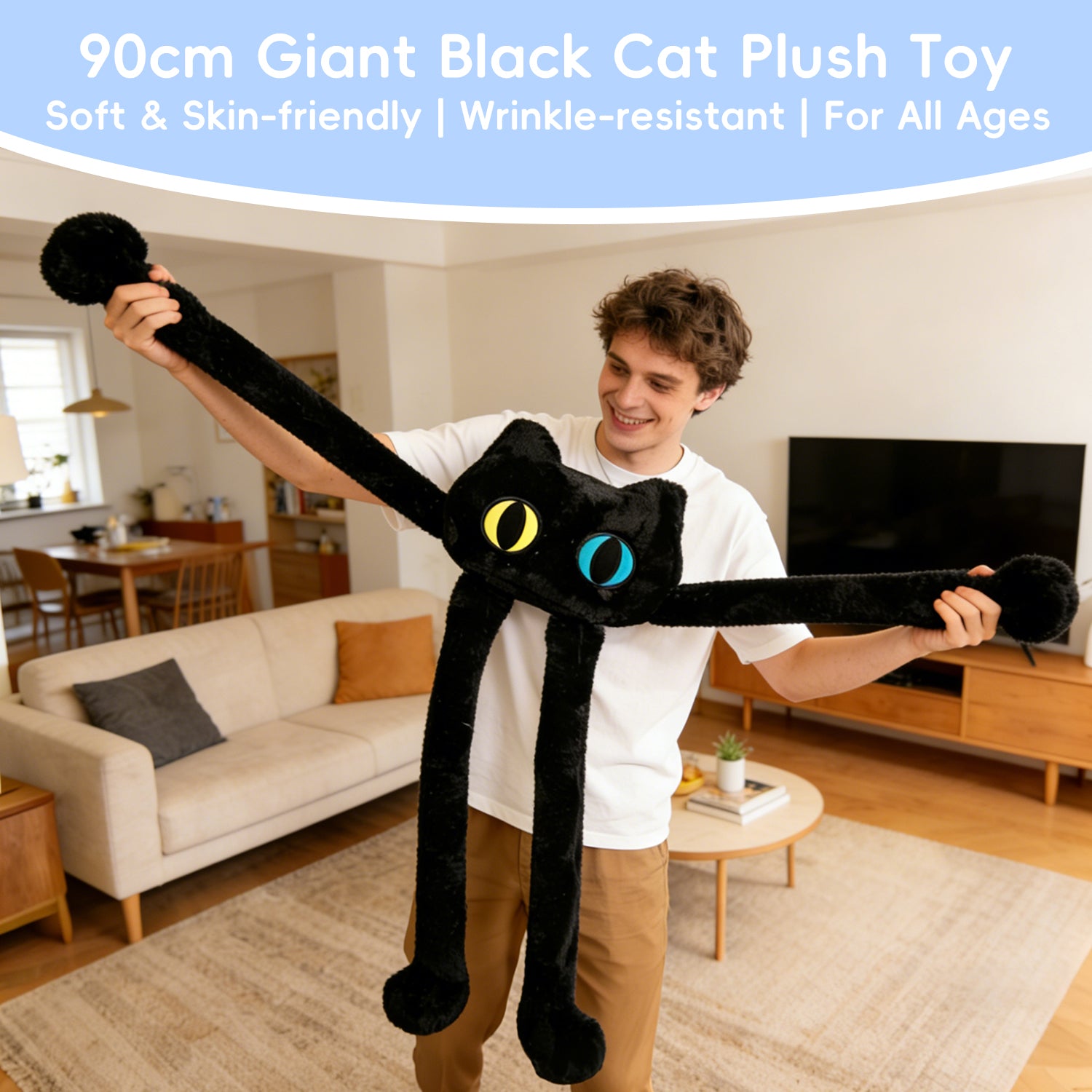 Adorable Long-Legged Black Cat Plush - Unique Cuddle BuddyLength 37.80 inches, Width 15.75 inches