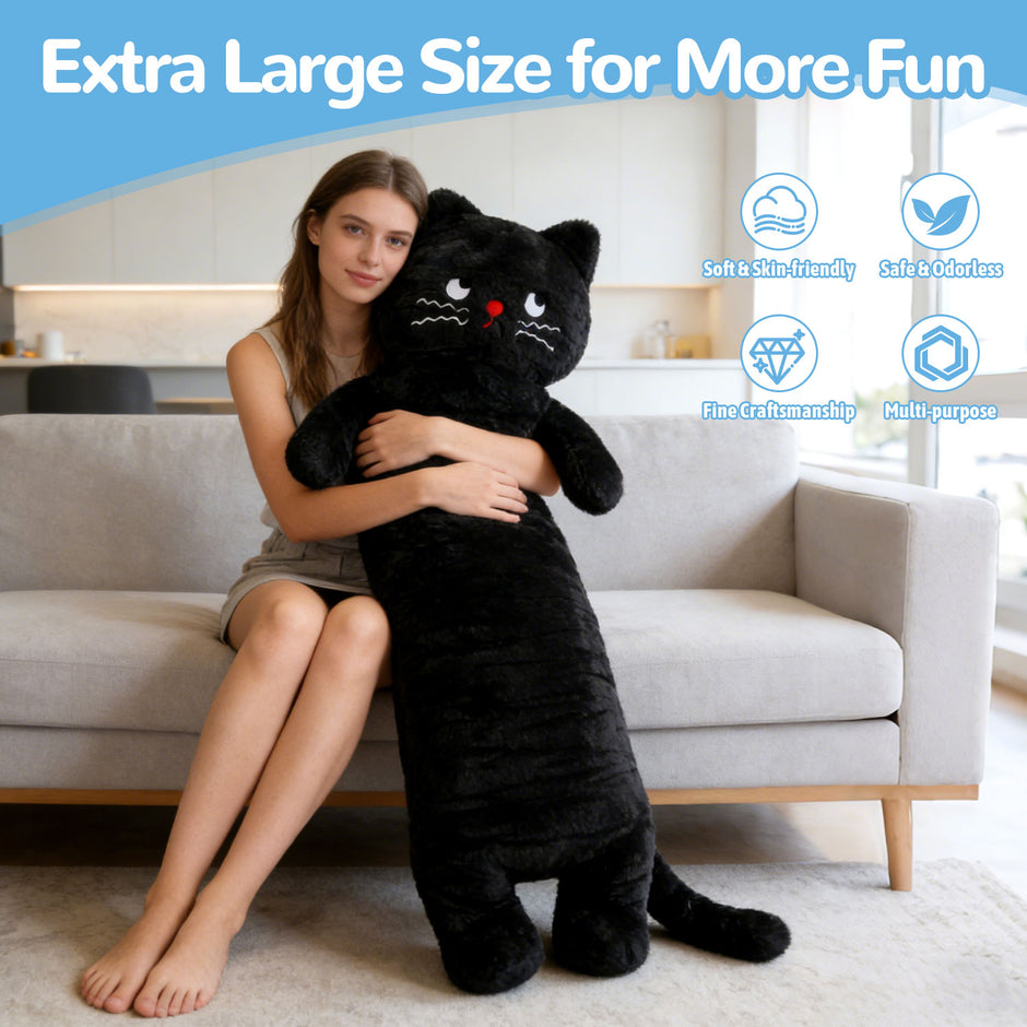 Giant Long Black Cat Plush Pillow, 40.55 Inch Soft Stuffed Kitten Hug Cushion, Cute Plush Toy for Kids & Cat LoversLength 40.55 inches, Width 17.72 inches