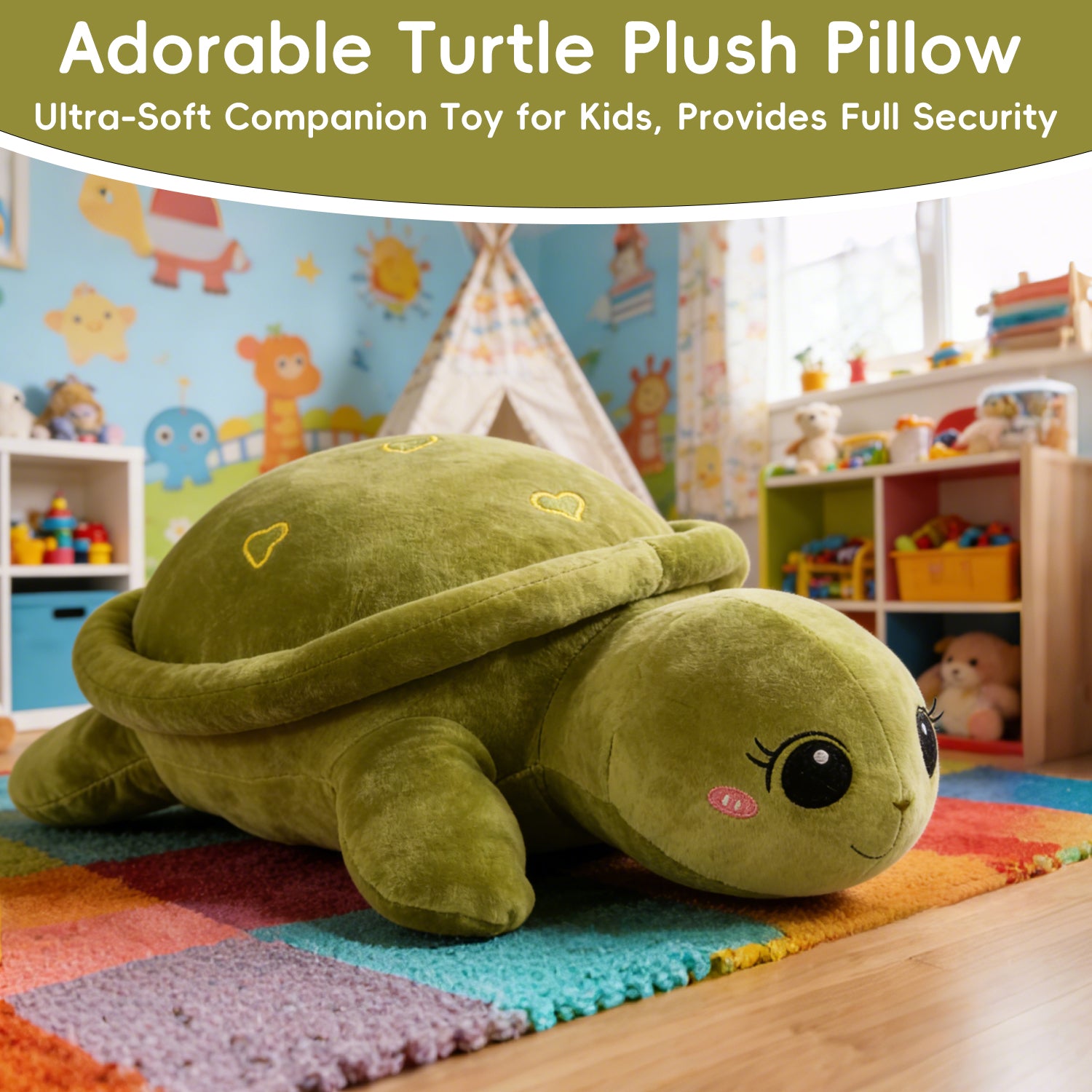 Cute Sea Turtle Plush Hug Pillow, Soft Stuffed Tortoise Long Body Cushion, Perfect Snuggle Buddy for Kids, Girls & Home DecoLength 33.86 inches, Width 19.29 inches