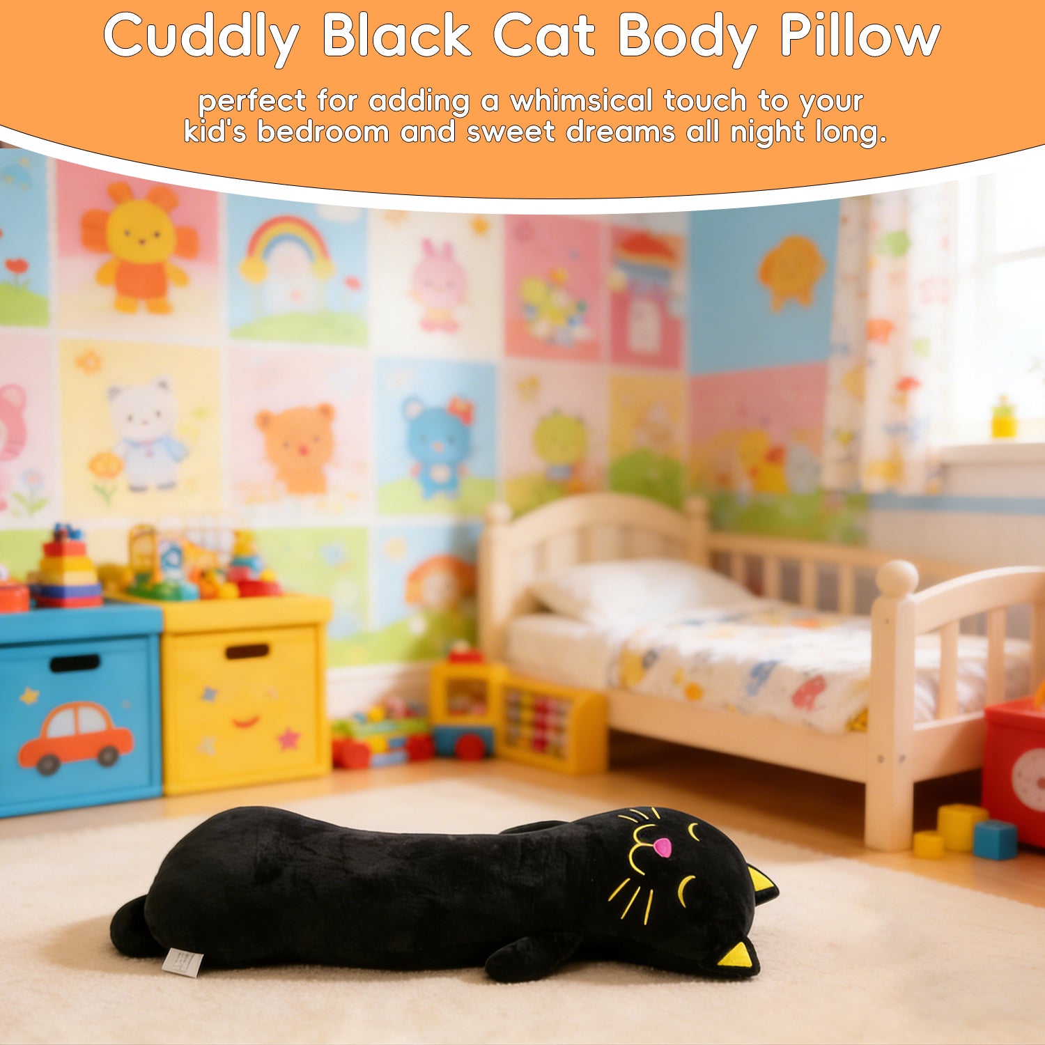 Giant Black Cat Plush Pillow, Soft Long Body Stuffed Animal Cute Kitten Hug Cushion for KidsLength 24.02 inches, Width 11.42 inches