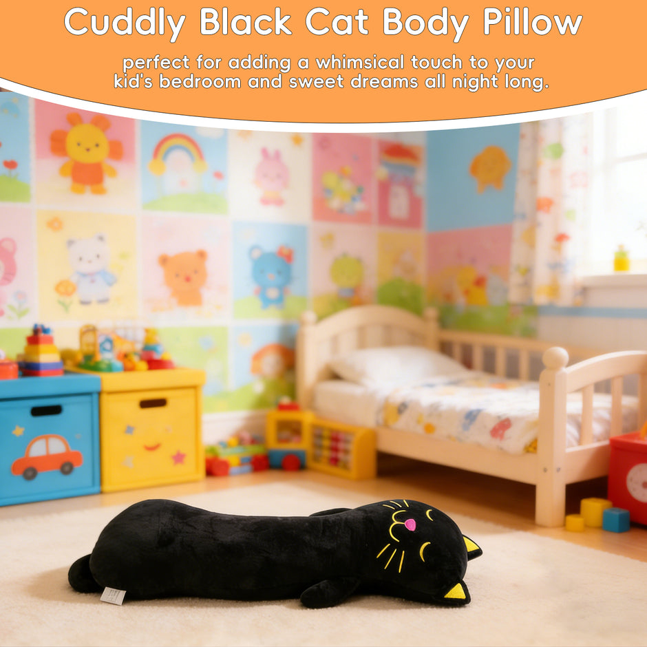 Giant Black Cat Plush Pillow, Soft Long Body Stuffed Animal Cute Kitten Hug Cushion for KidsLength 24.02 inches, Width 11.42 inches