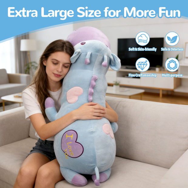 106cm Oversized Blue Cow Plush Toy, Super Soft Stuffed Animal Long Pillow, Cute Cuddle Cushion for Sleep, Birthday Gift for GirlsLength 41.73 inches, Width 22.05 inches