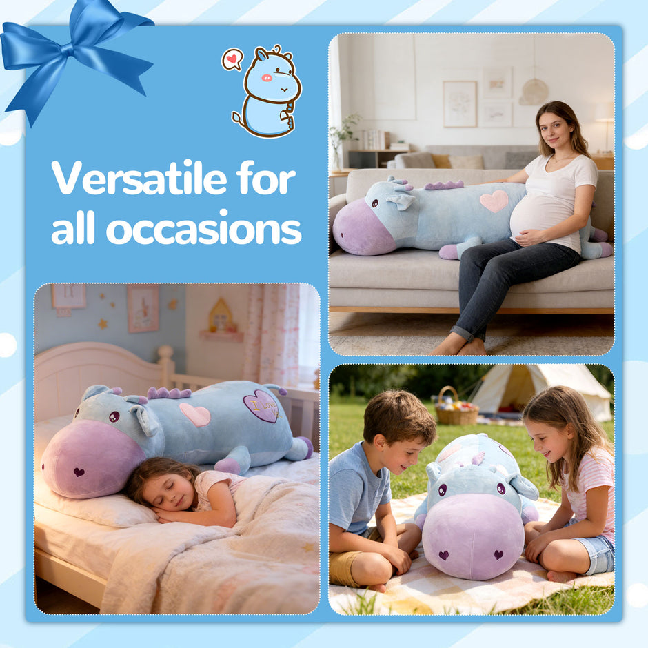 106cm Oversized Blue Cow Plush Toy, Super Soft Stuffed Animal Long Pillow, Cute Cuddle Cushion for Sleep, Birthday Gift for GirlsLength 41.73 inches, Width 22.05 inches