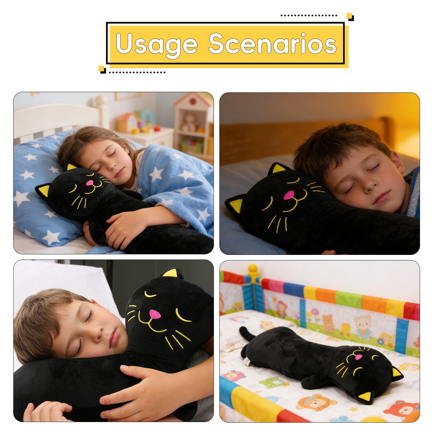Giant Black Cat Plush Pillow, Soft Long Body Stuffed Animal Cute Kitten Hug Cushion for KidsLength 24.02 inches, Width 11.42 inches
