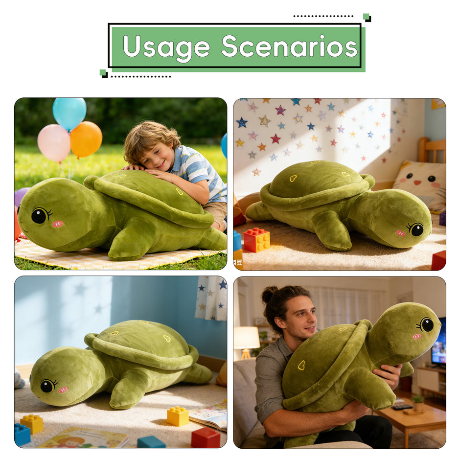 Cute Sea Turtle Plush Hug Pillow, Soft Stuffed Tortoise Long Body Cushion, Perfect Snuggle Buddy for Kids, Girls & Home DecoLength 33.86 inches, Width 19.29 inches