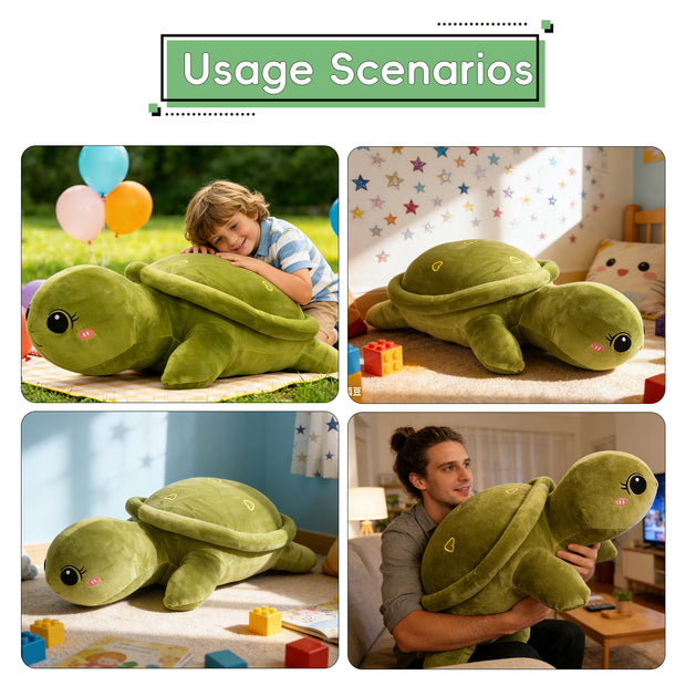 Cute Sea Turtle Plush Hug Pillow, Soft Stuffed Tortoise Long Body Cushion, Perfect Snuggle Buddy for Kids, Girls & Home DecoLength 33.86 inches, Width 19.29 inches