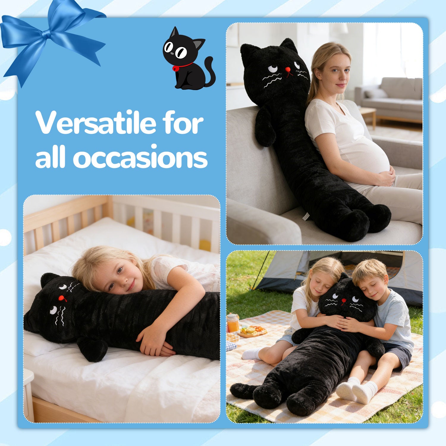 Giant Long Black Cat Plush Pillow, 40.55 Inch Soft Stuffed Kitten Hug Cushion, Cute Plush Toy for Kids & Cat LoversLength 40.55 inches, Width 17.72 inches